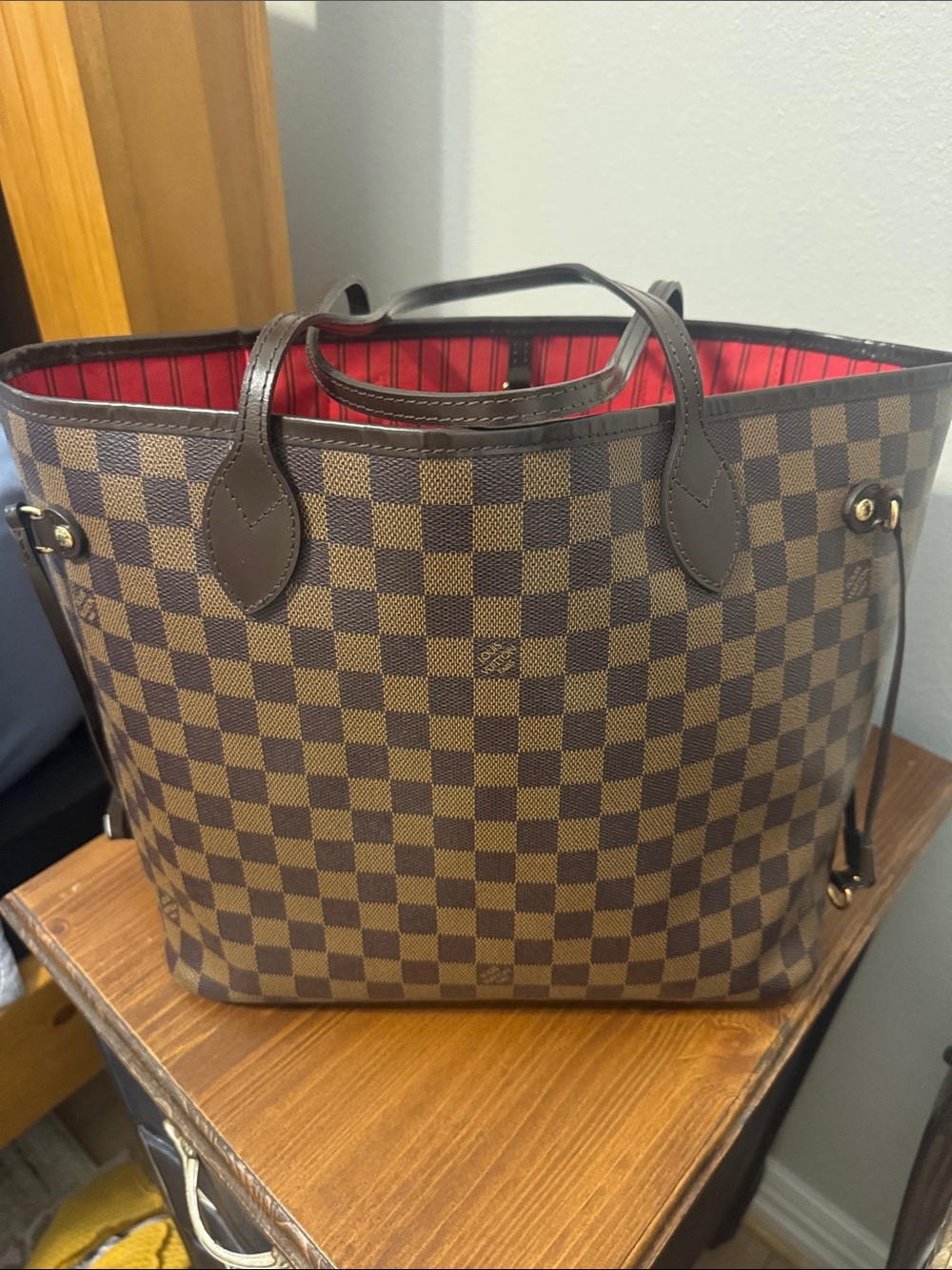 Inspired Brown Checkered Tote Bag with Red Interior and zippered matching pouch